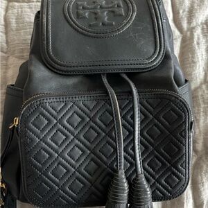 Tory Burch Black Quilted Leather Mini Backpack with Tassel Drawstrings